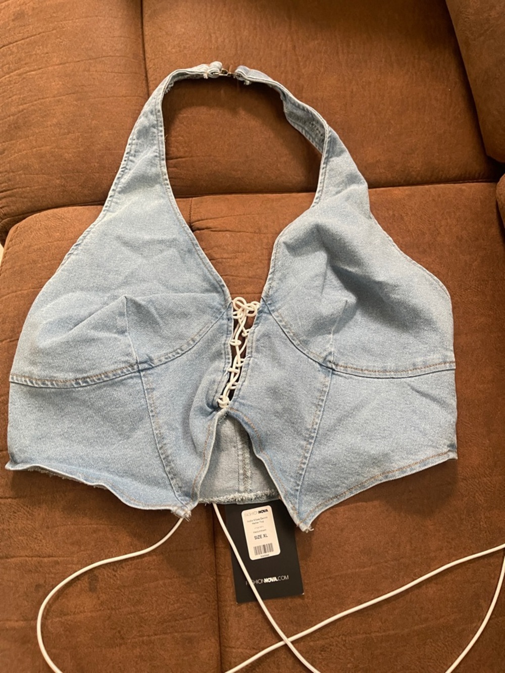 Fashion Nova Light Wash Denim Lace-Up Halter Crop